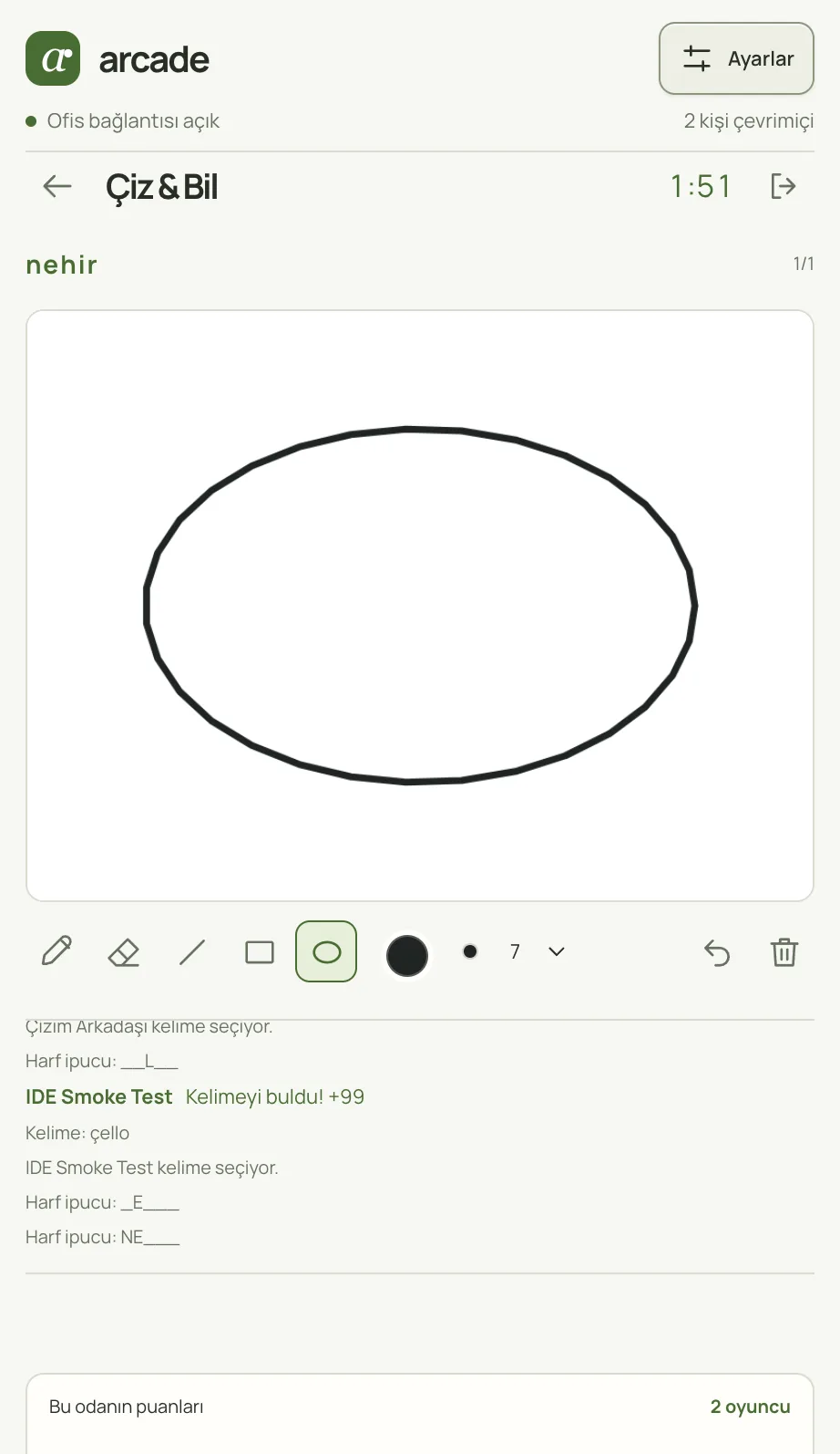 The Çiz & Bil drawing room in Arcade Machine: an ellipse drawn on a white canvas, drawing tools below it and a log of hints and correct guesses in Turkish.