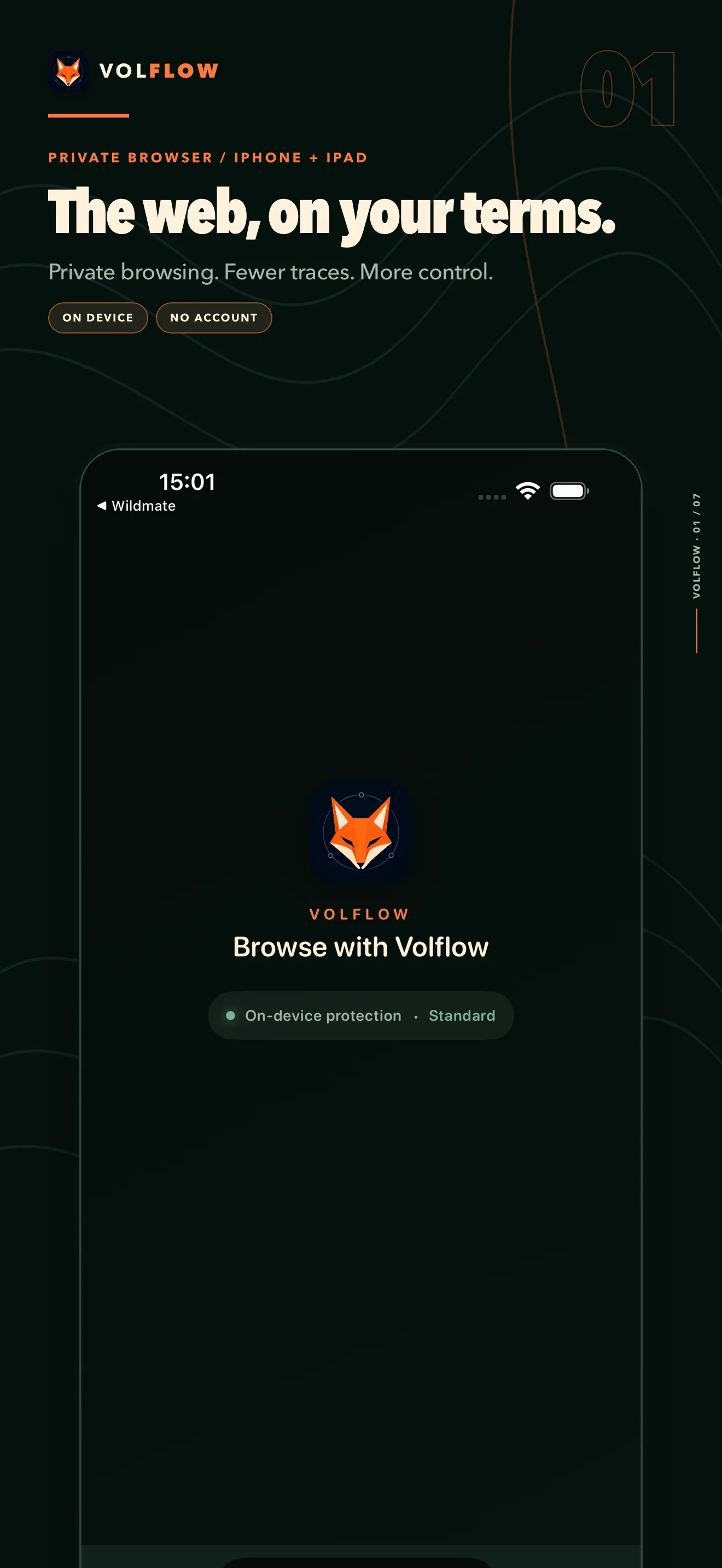 App Store screenshot of Volflow: an orange fox logo on dark green, the line “The web, on your terms.” and the start screen of the browser on an iPhone.